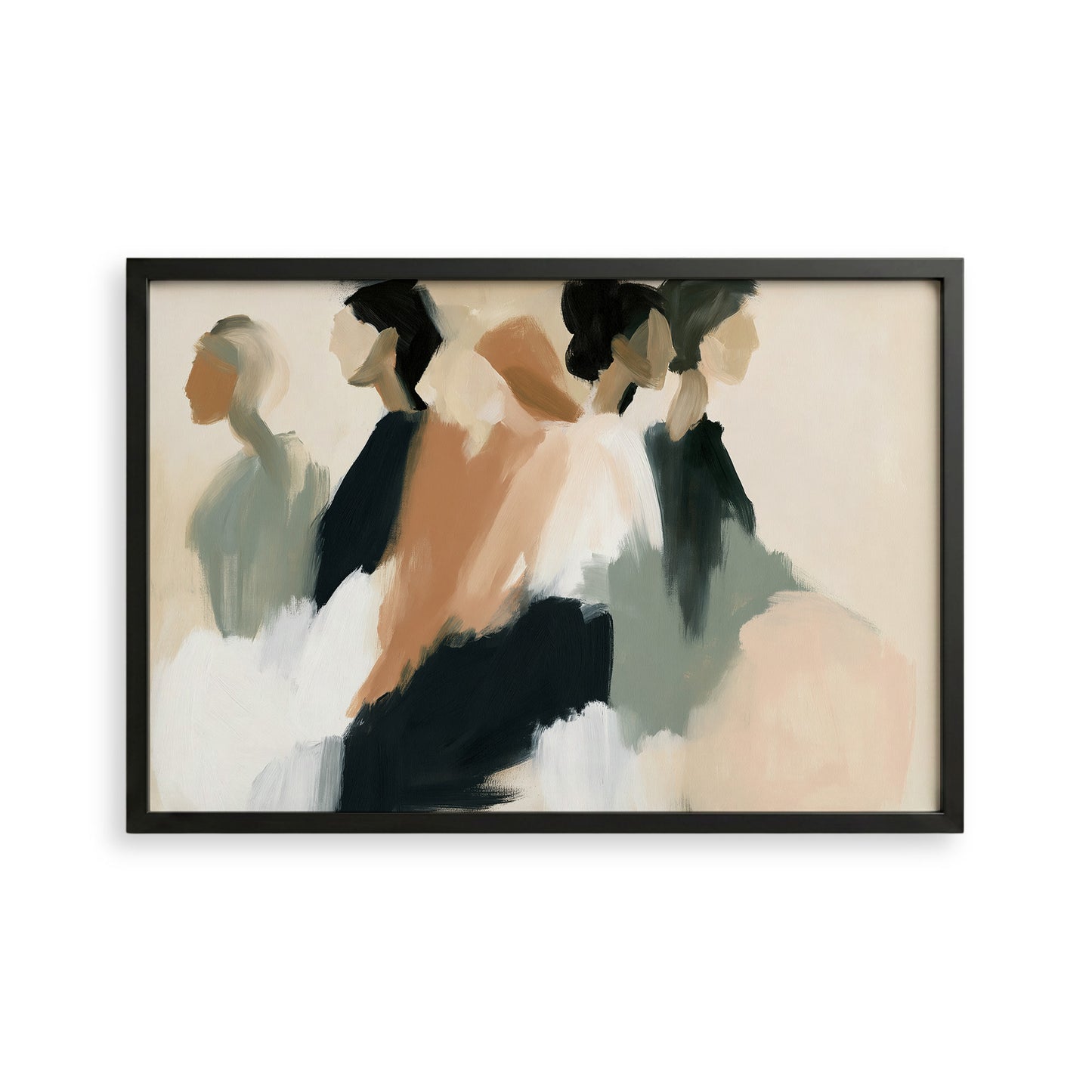 The image is an abstract painting featuring a group of stylized human figures in various poses and colors.