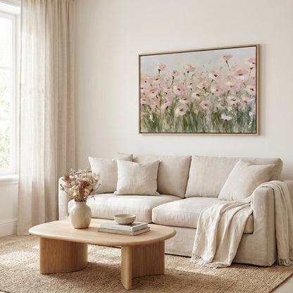 a cozy living room with a beige sofa, a wooden coffee table, and a framed painting of pink flowers hanging on the wall above the sofa.