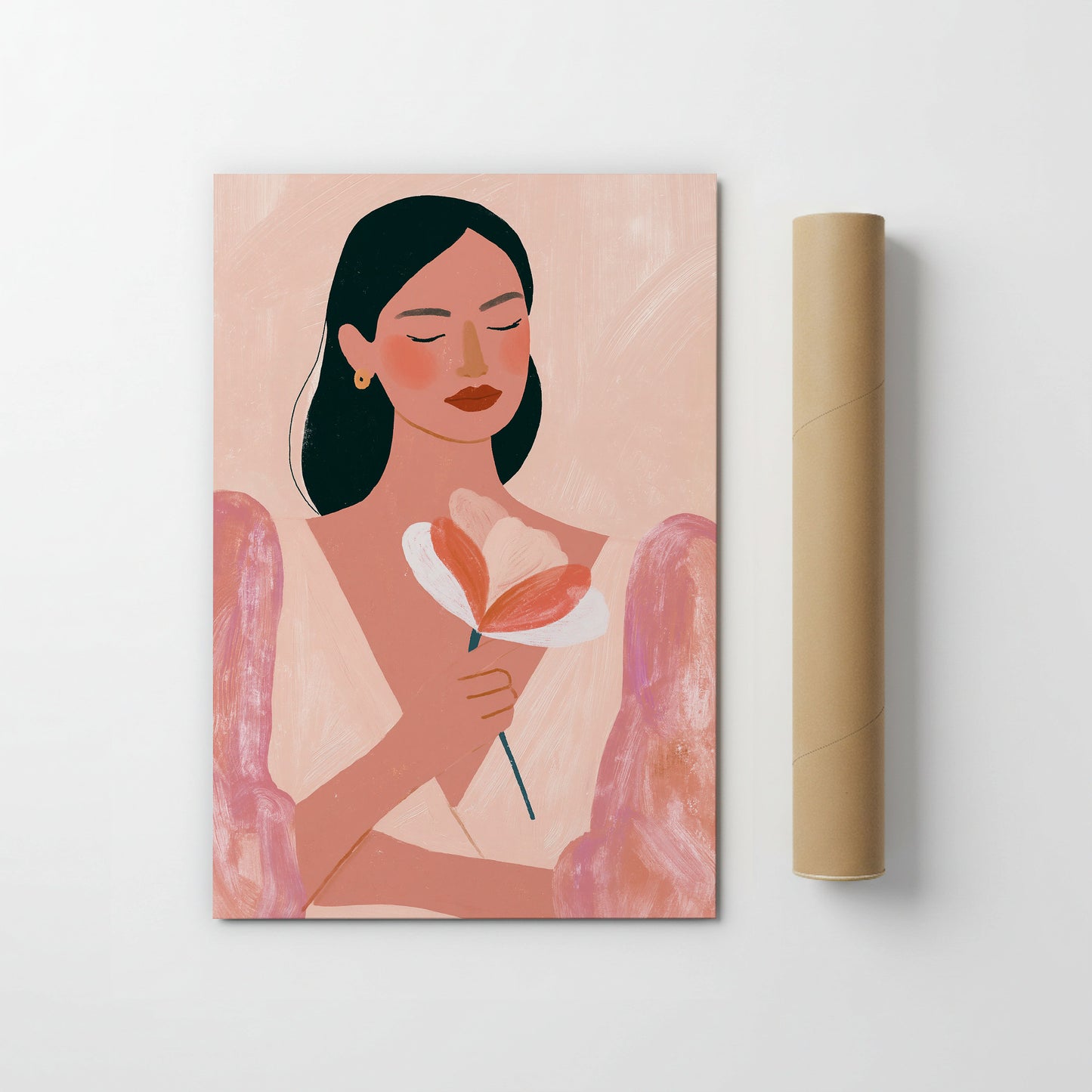 The image is a painting of a woman holding a flower.