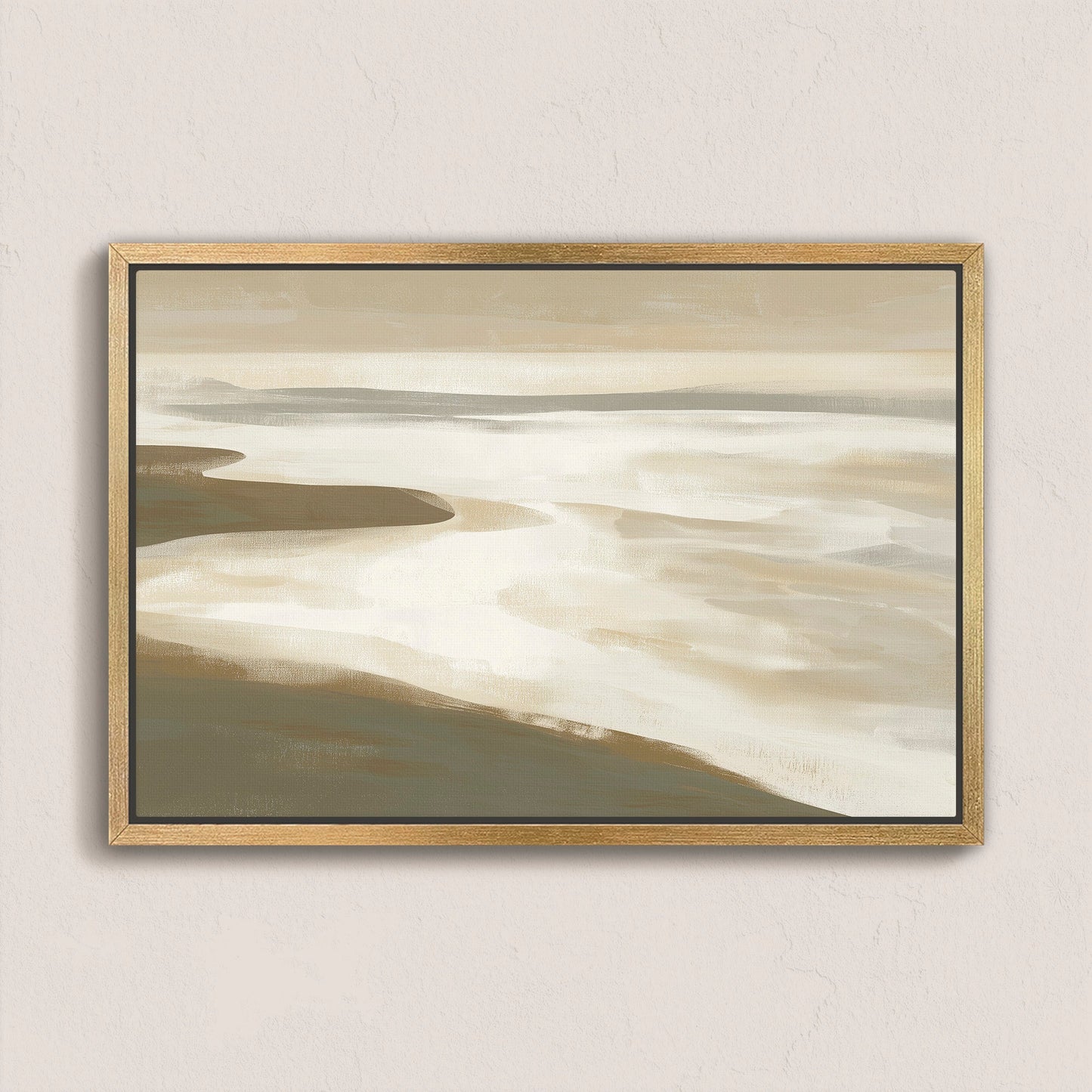 Emie canvas print of tranquil beige and olive coastal landscape with soft light and muted sands in natural wood frame
