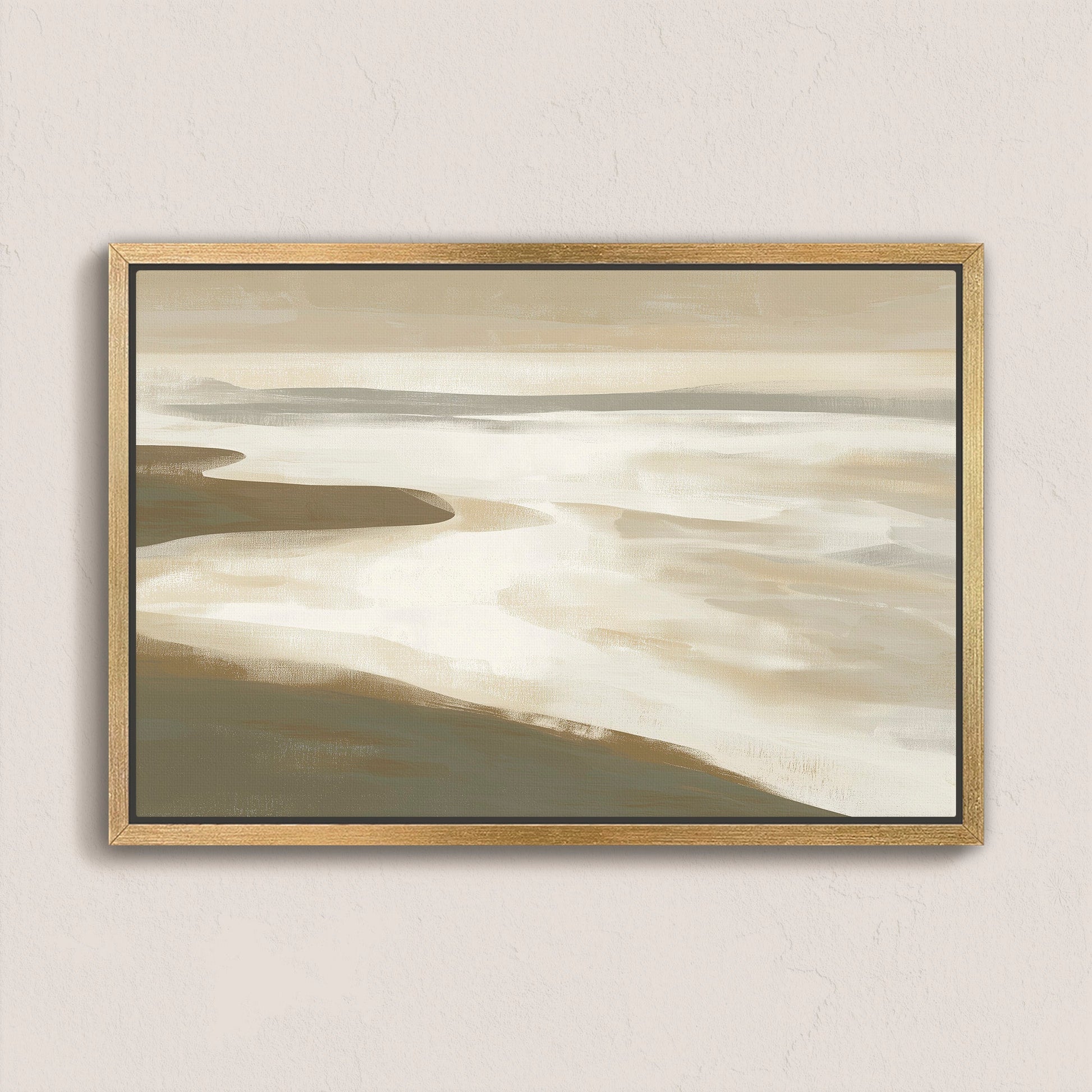 Emie canvas print of tranquil beige and olive coastal landscape with soft light and muted sands in natural wood frame