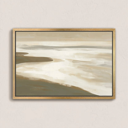Emie canvas print of tranquil beige and olive coastal landscape with soft light and muted sands in natural wood frame