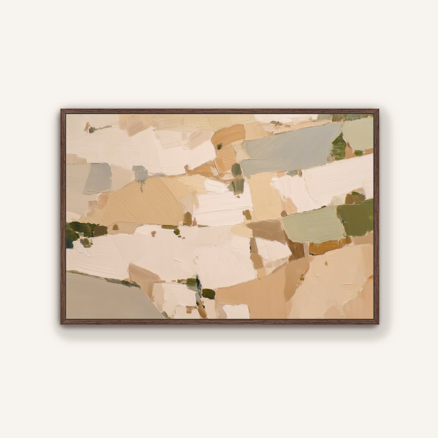 The image is a framed abstract painting with a predominantly beige and brown color palette, featuring various shapes and textures.