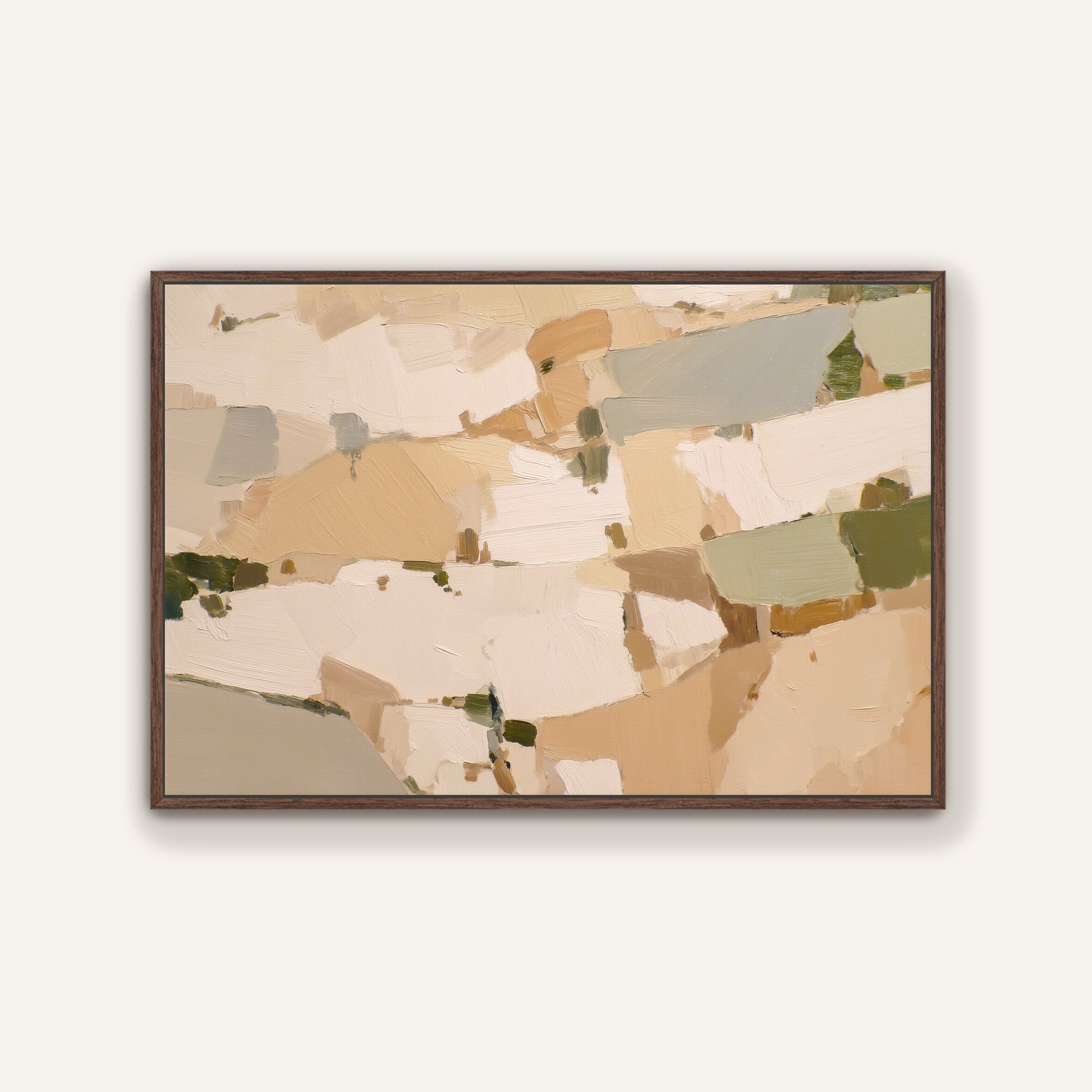 The image is a framed abstract painting with a predominantly beige and brown color palette, featuring various shapes and textures.