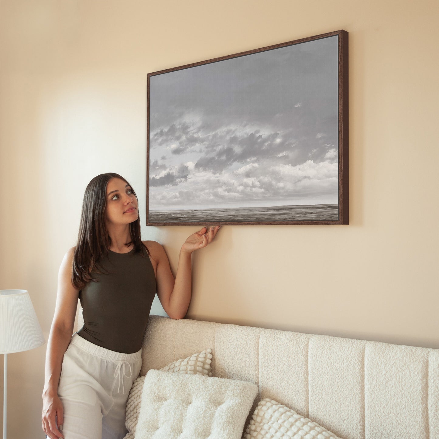 Duskfield canvas print of cloudy twilight sky above calm plain in wooden frame displayed in modern interior