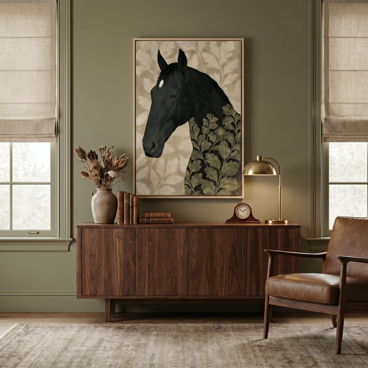 a living room with a large wooden cabinet, a leather chair, and a framed artwork of a black horse with a leafy pattern on the wall.