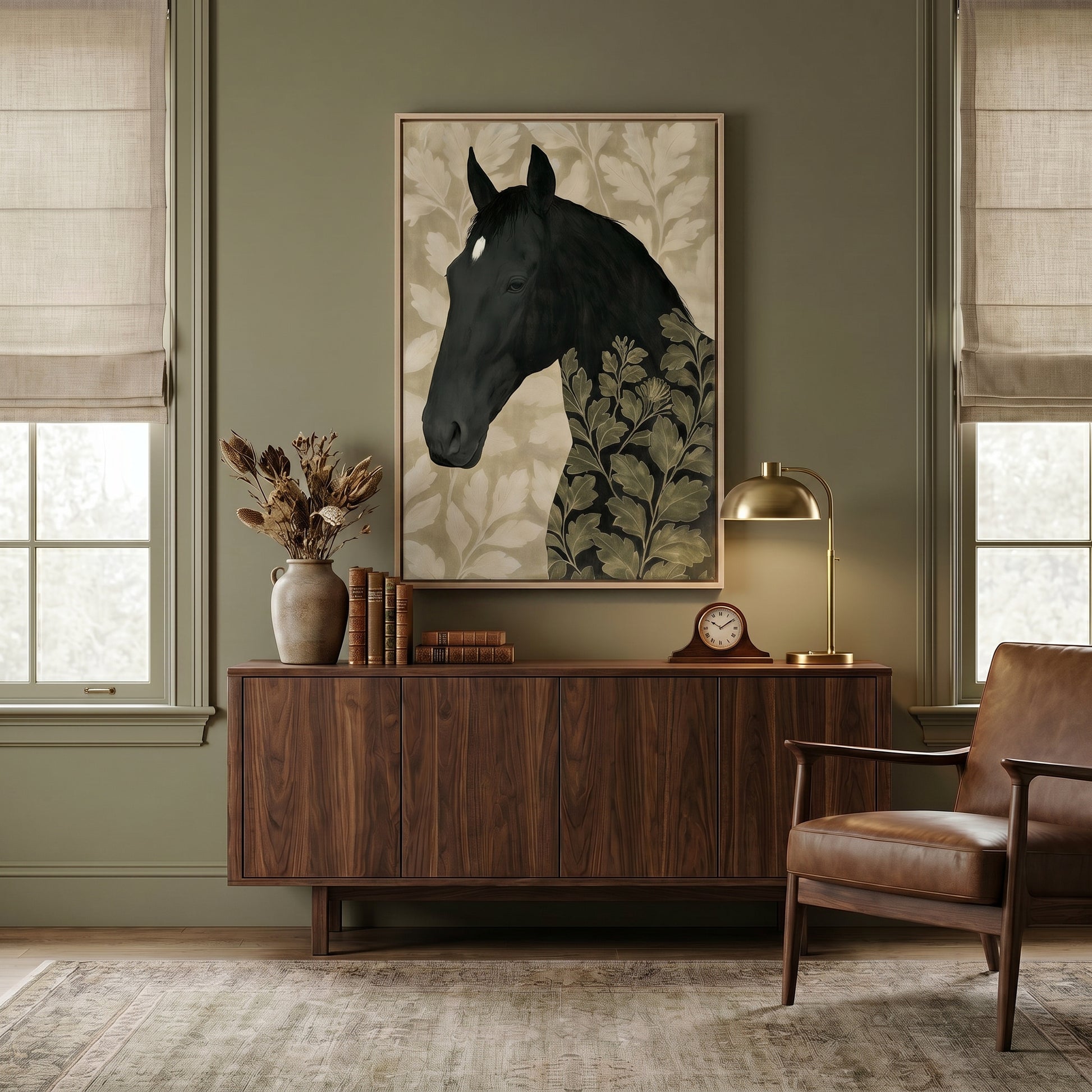 a living room with a large wooden cabinet, a leather chair, and a framed artwork of a black horse with a leafy pattern on the wall.