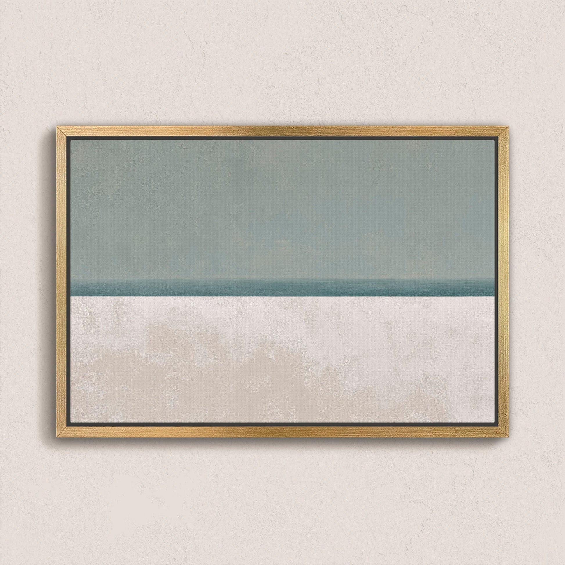 Minimalist Azure Canvas Print in muted sage and sand hues framed in light wood, evoking sea and sky balance.