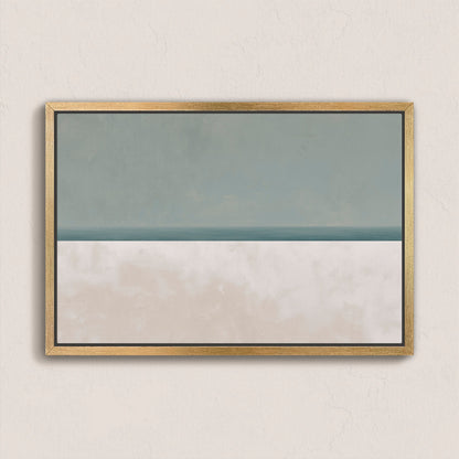Minimalist Azure Canvas Print in muted sage and sand hues framed in light wood, evoking sea and sky balance.