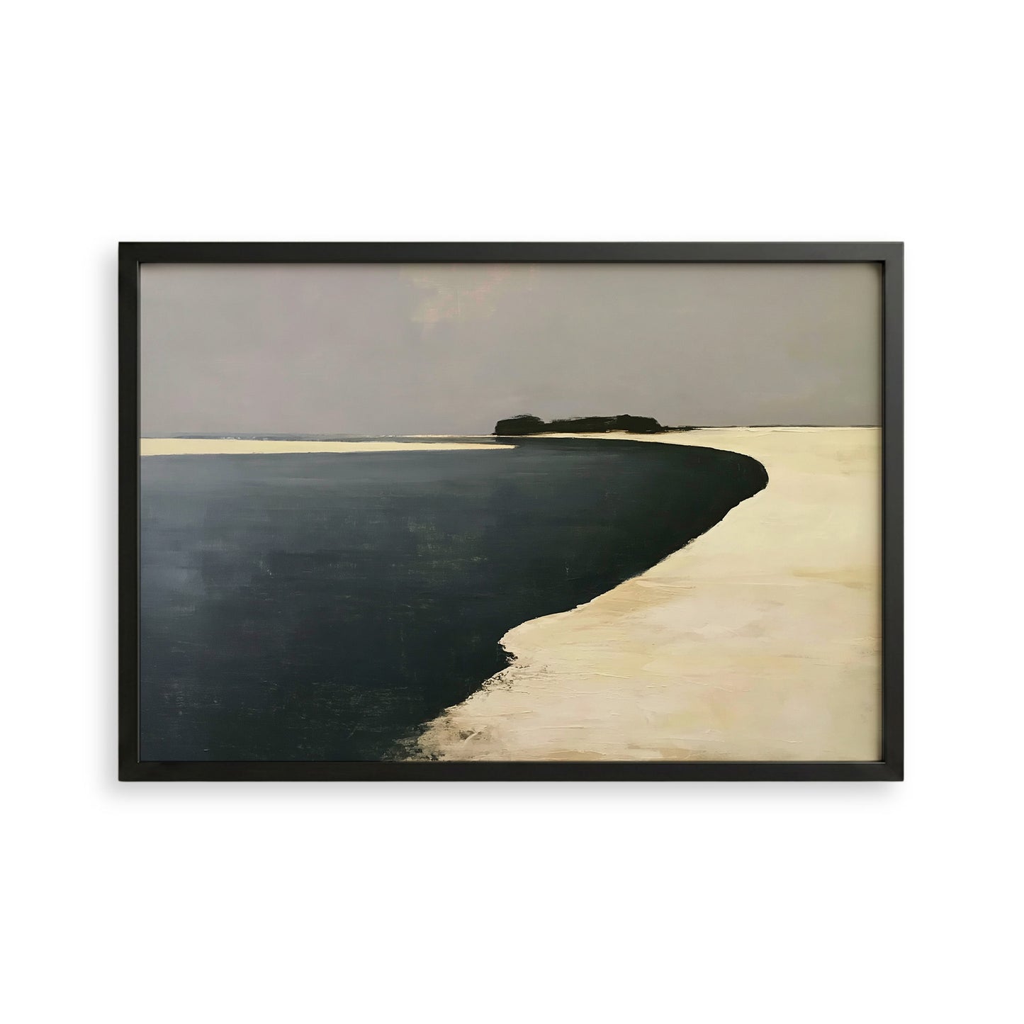 The image is a framed painting depicting a serene landscape with a body of water and a sandy beach.