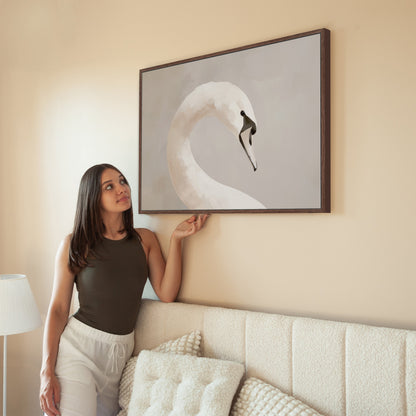 Lumine canvas print of a graceful swan in muted tones on a gallery wrapped framed wall art in a modern room