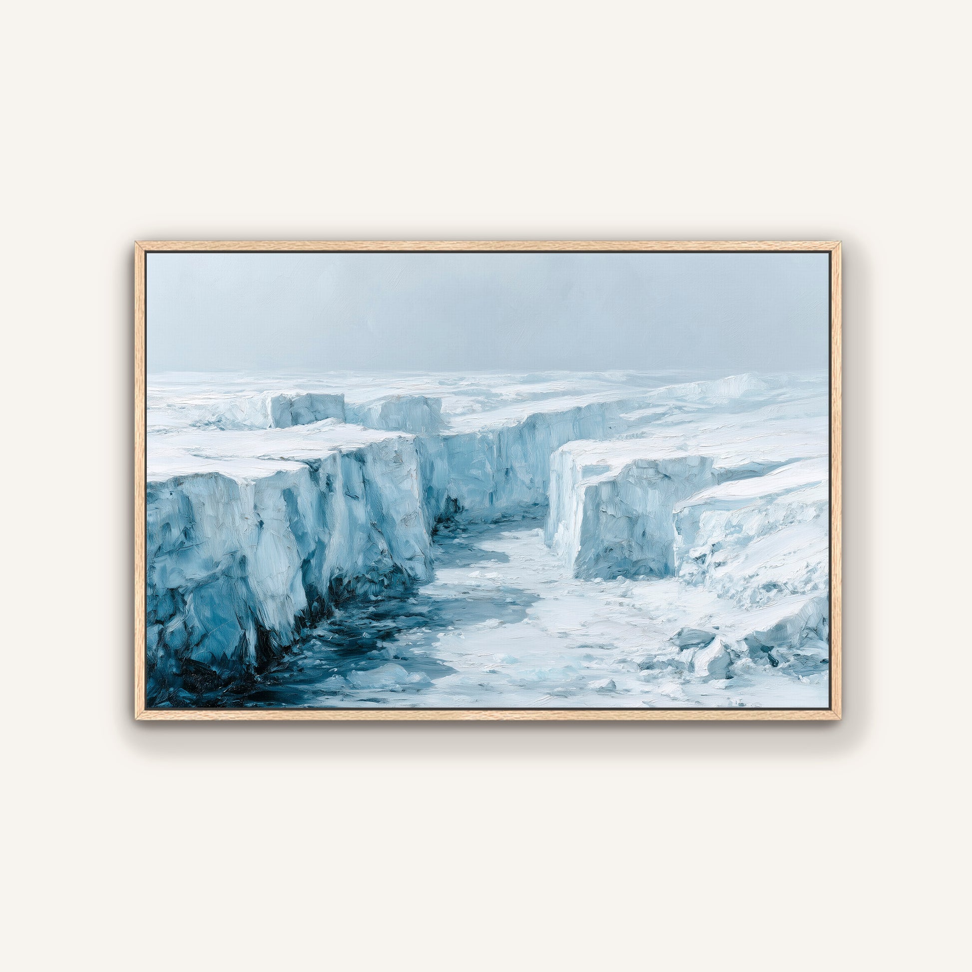 A framed painting depicting a vast, icy landscape with towering, jagged ice formations in the distance.