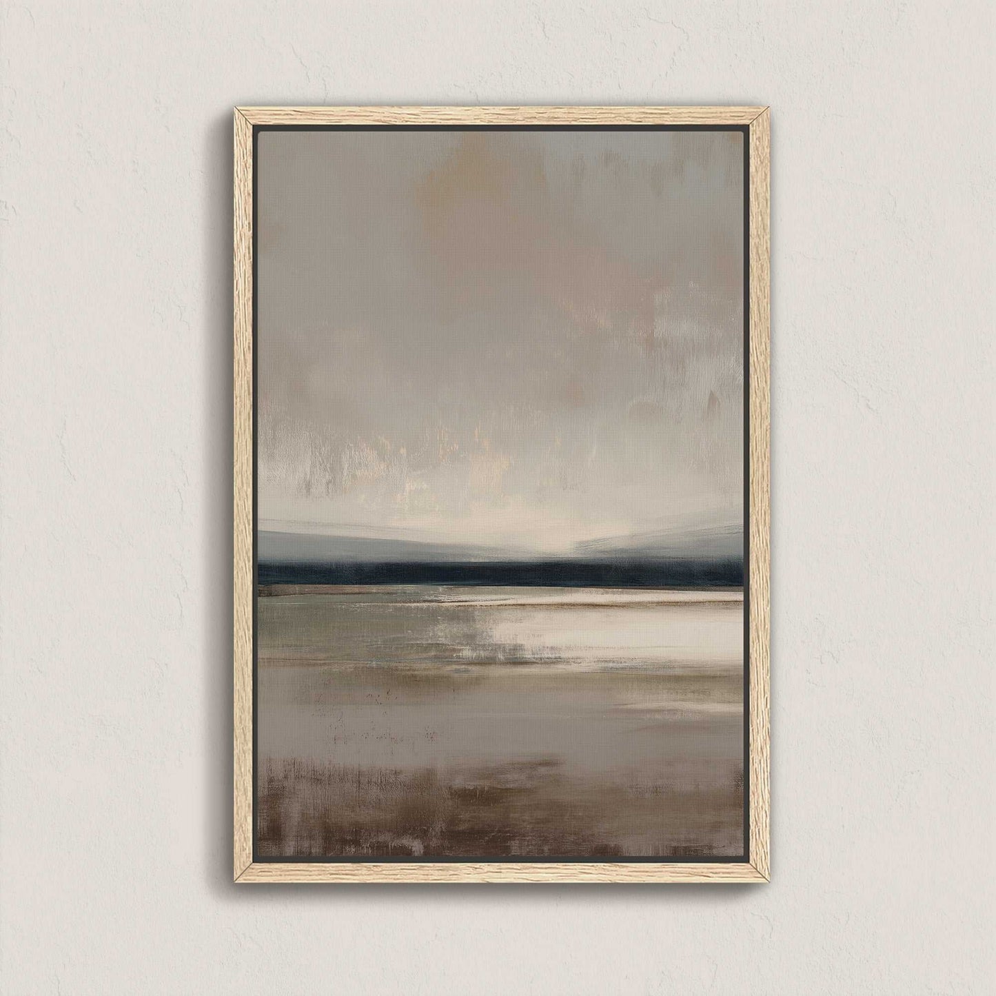 Vast canvas art featuring soft taupe, charcoal, and cream gradients in a serene landscape with a natural wood frame.