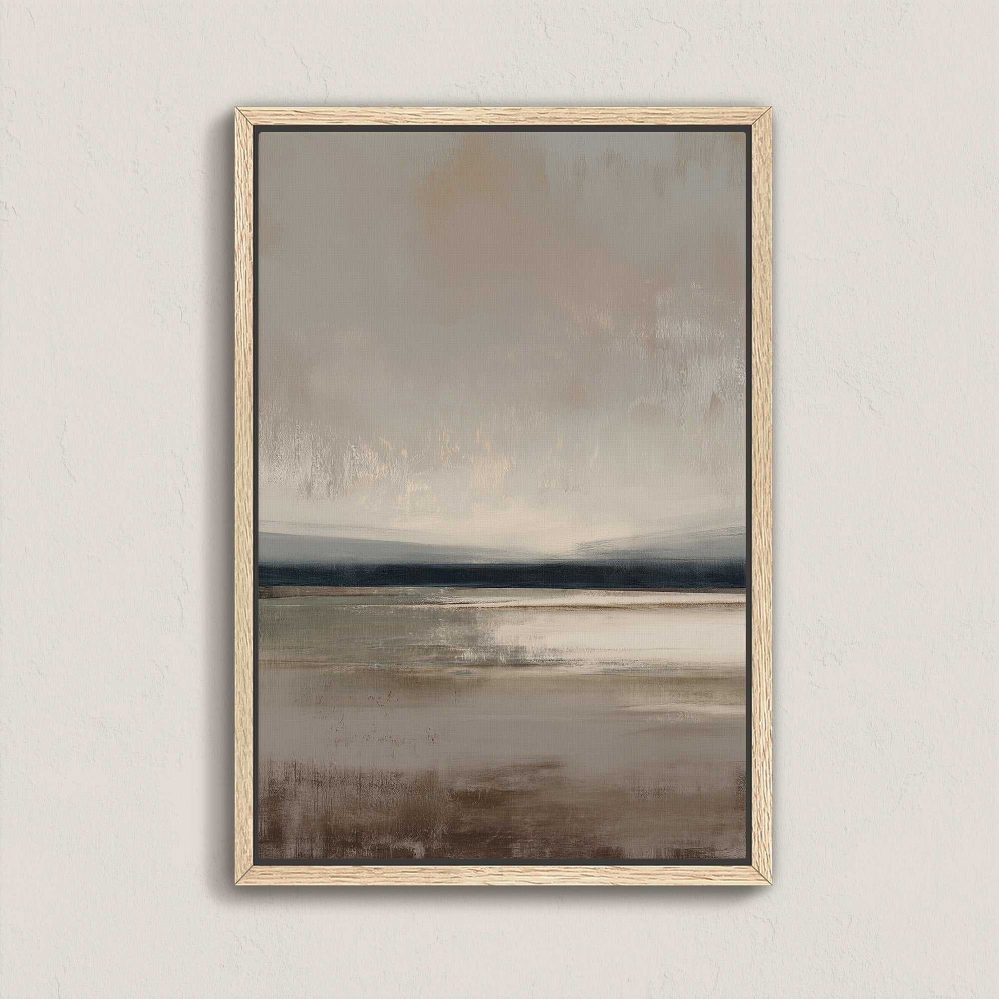 Vast canvas art featuring soft taupe, charcoal, and cream gradients in a serene landscape with a natural wood frame.