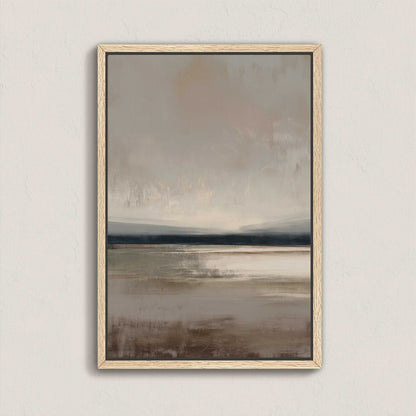 Vast canvas art featuring soft taupe, charcoal, and cream gradients in a serene landscape with a natural wood frame.