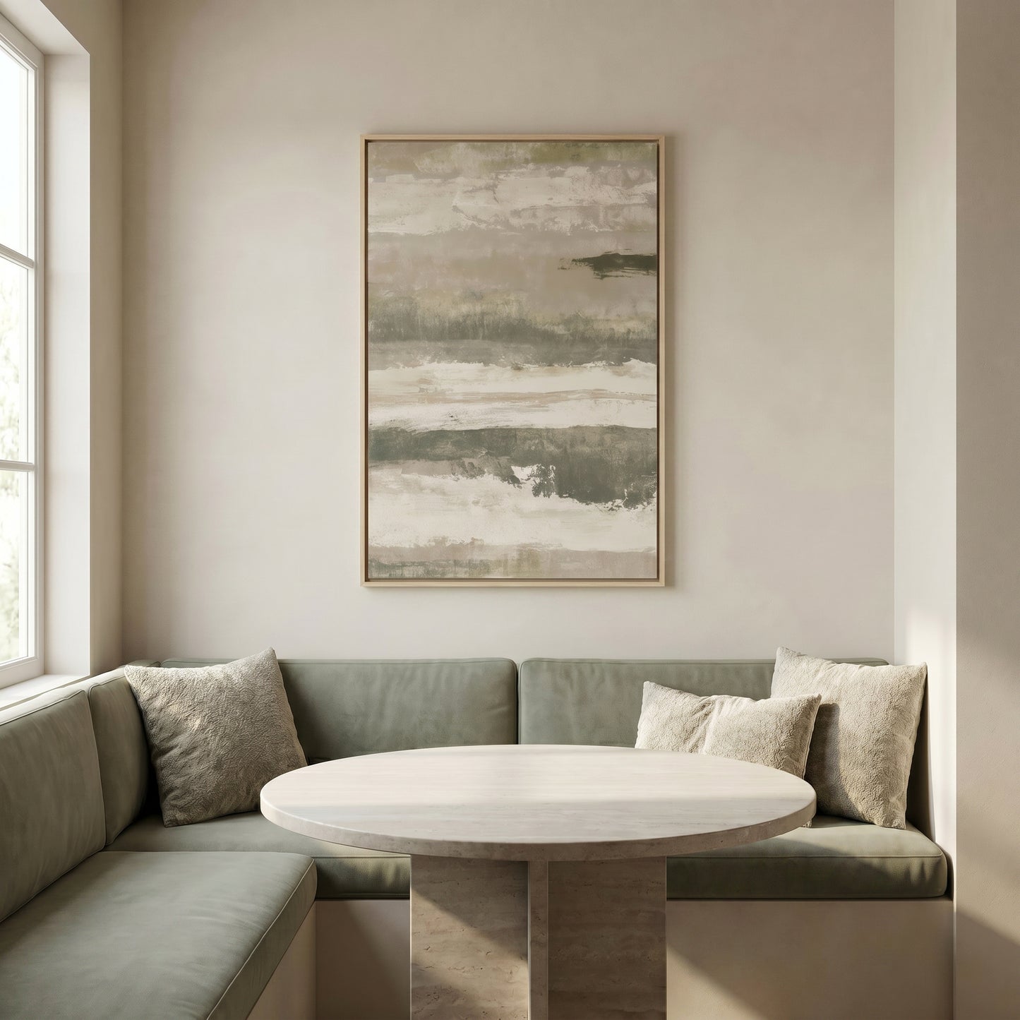 a cozy corner of a room with a round table and two green couches, accompanied by a large abstract painting hanging on the wall above the table.