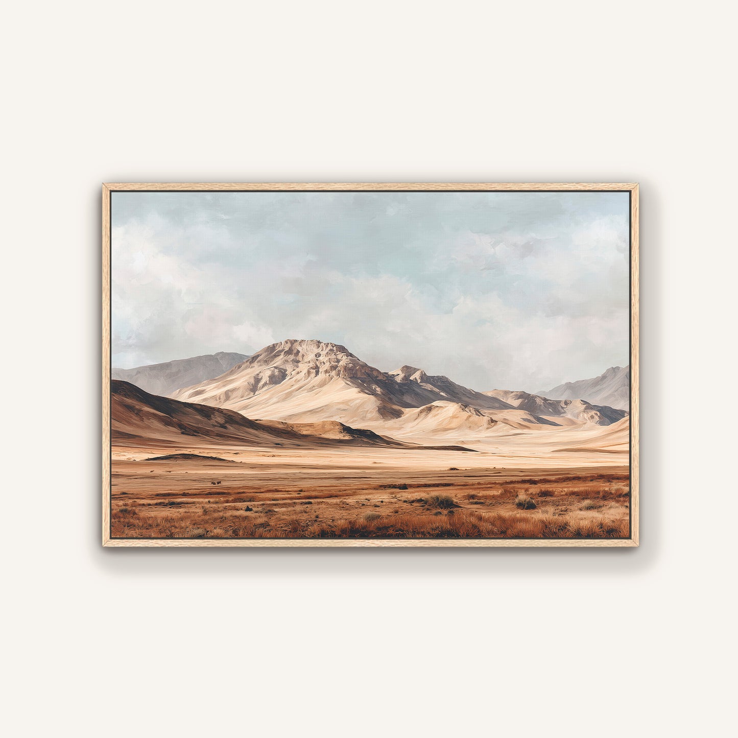 a vast, arid landscape with rolling hills and mountains in the distance, under a cloudy sky.