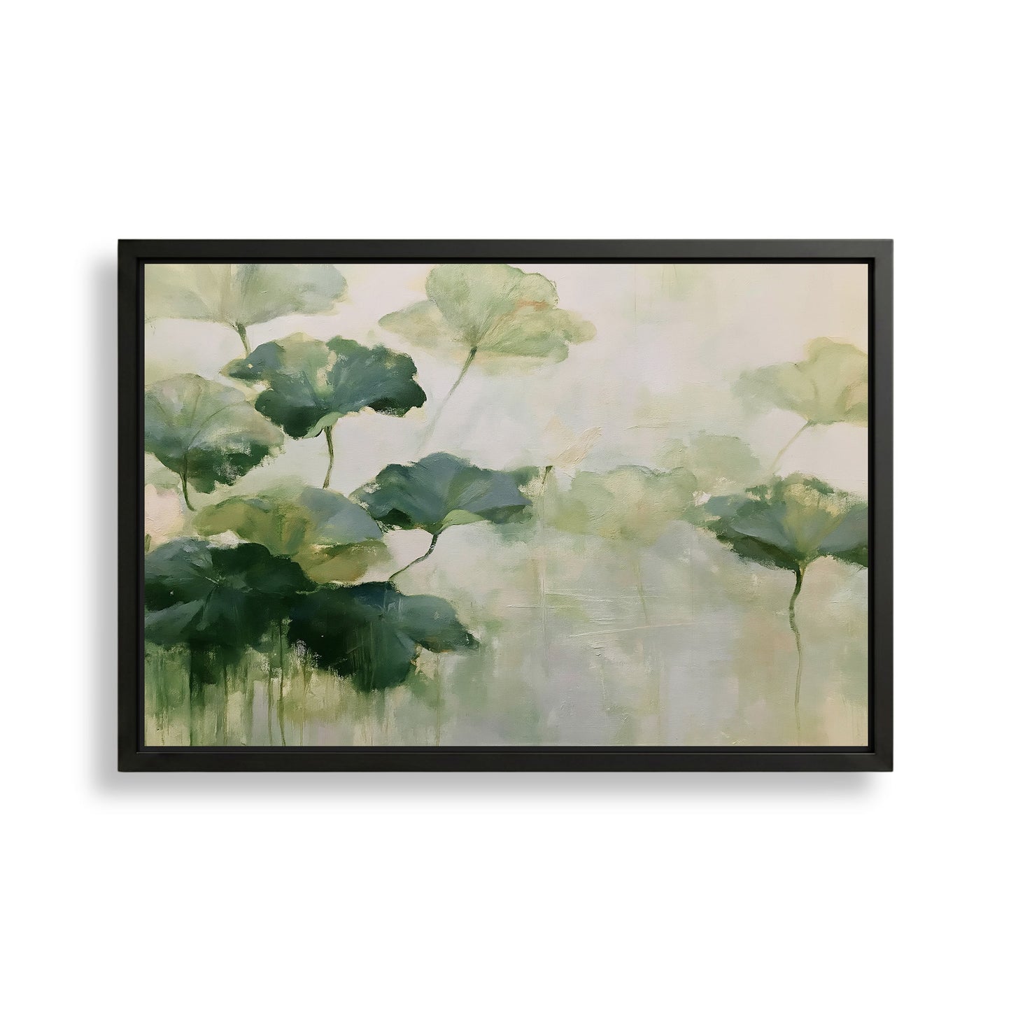 The image is a framed painting depicting a serene scene of green leaves floating in a light green water body.