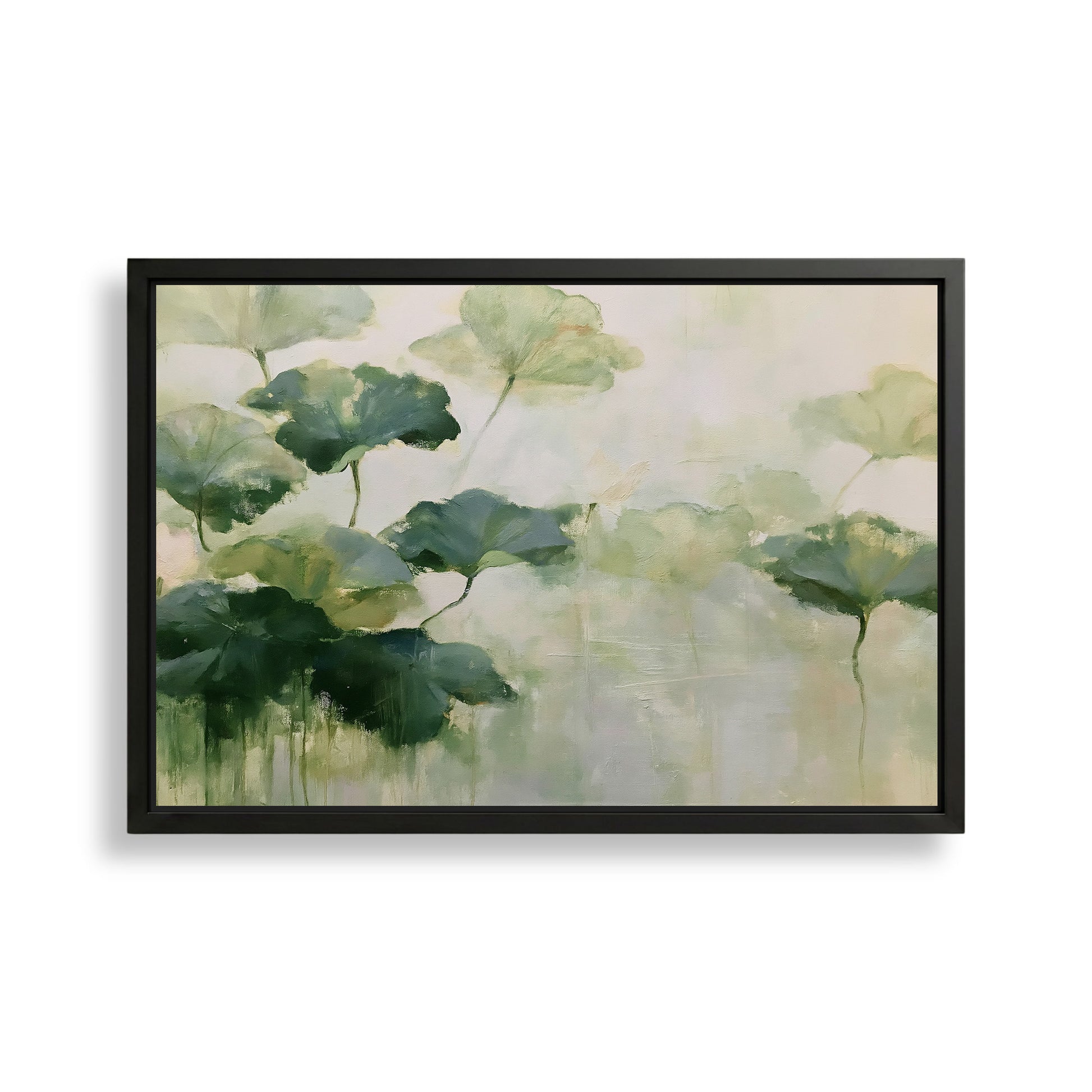 The image is a framed painting depicting a serene scene of green leaves floating in a light green water body.