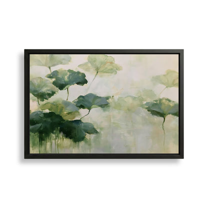 The image is a framed painting depicting a serene scene of green leaves floating in a light green water body.