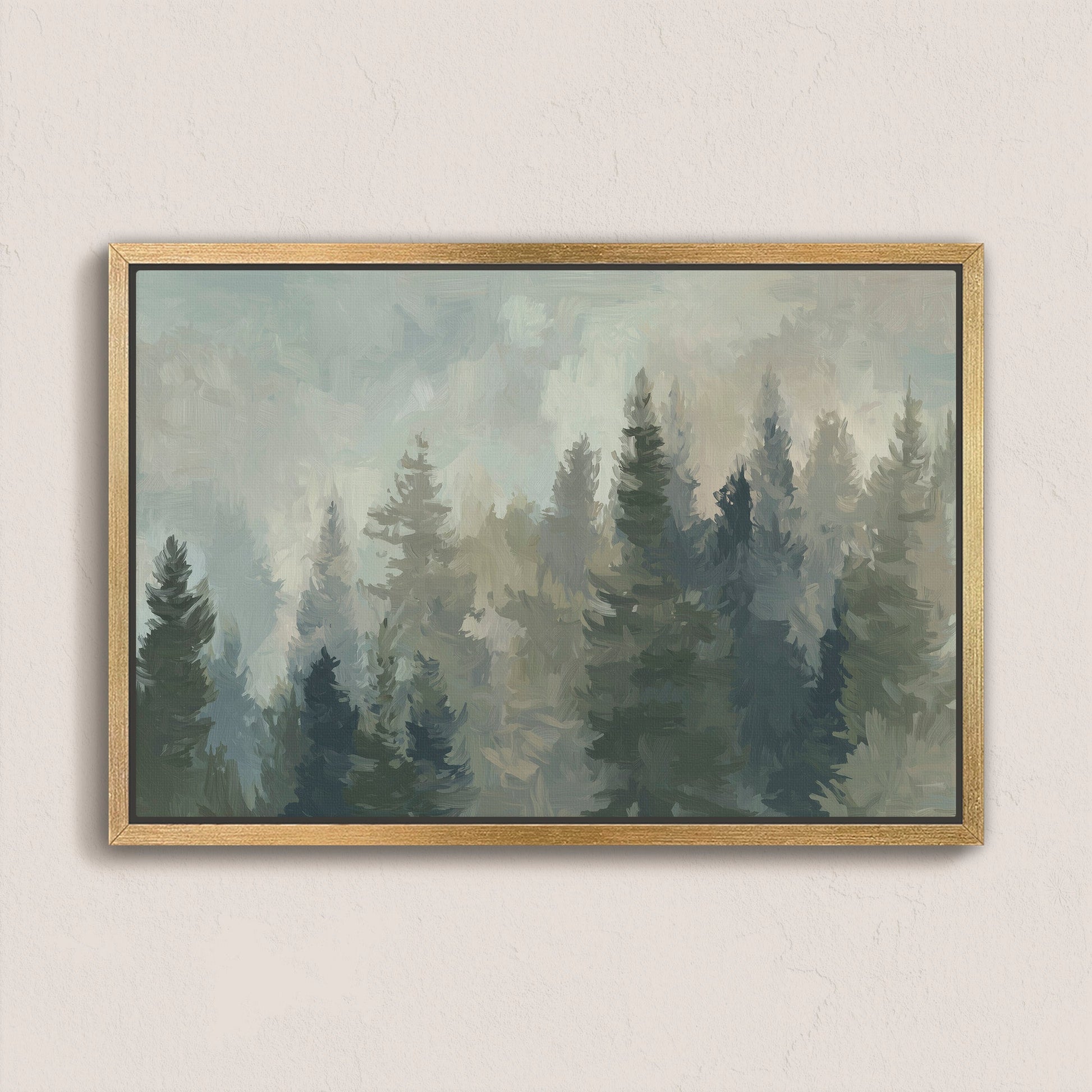 Ever Canvas Wall Art depicting misty pine forest with soft sage tones in a natural wood frame