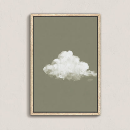 'Trace' Canvas Print featuring a single white cloud on a muted sage background in a natural wood frame