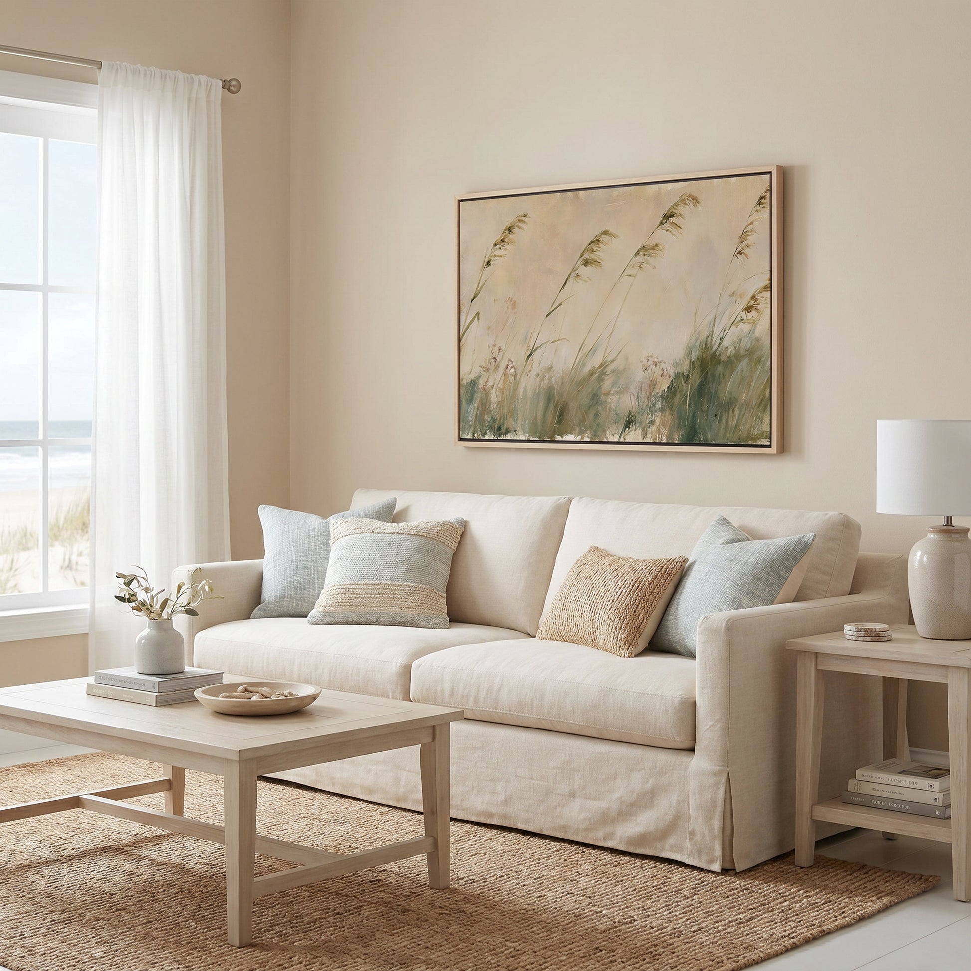 a cozy living room with a beige sofa adorned with throw pillows, a wooden coffee table, and a framed artwork of tall grasses hanging on the wall.