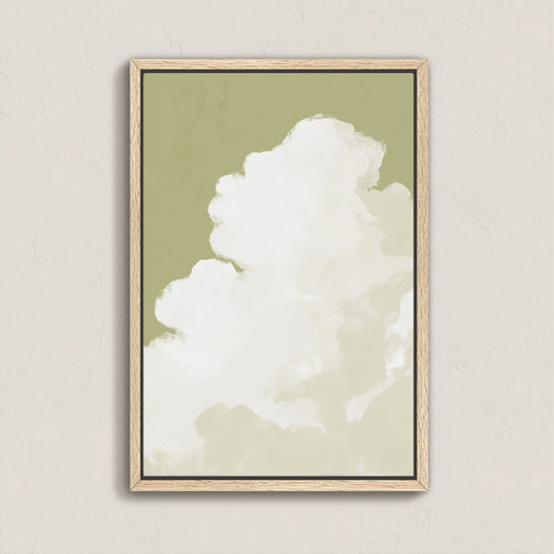 'Rise' canvas wall art featuring a soft white cloud ascending against muted sage background in a natural wood frame