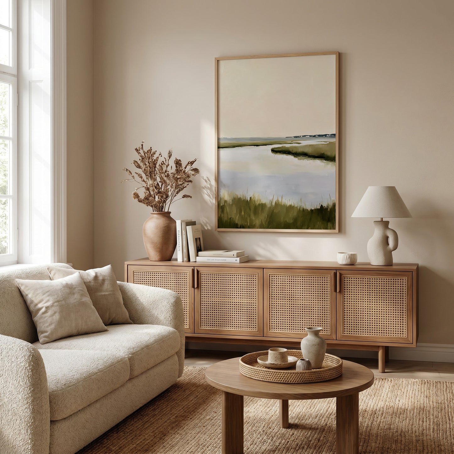 a cozy living room with a beige sofa, a wooden sideboard, and a framed landscape painting on the wall. The room has a warm and inviting atmosphere, with natural light coming in from a window and a vase of dried flowers on the sideboard.