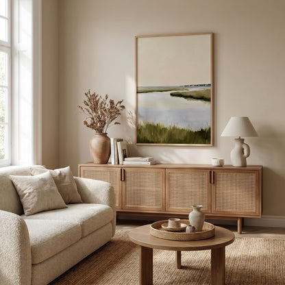 a cozy living room with a beige sofa, a wooden sideboard, and a framed landscape painting on the wall. The room has a warm and inviting atmosphere, with natural light coming in from a window and a vase of dried flowers on the sideboard.