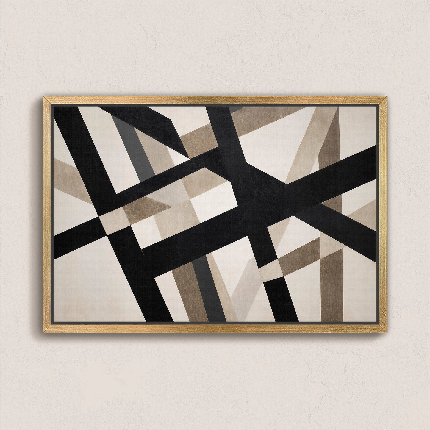 Axis canvas print with bold geometric black and neutral intersecting lines in a natural wood frame