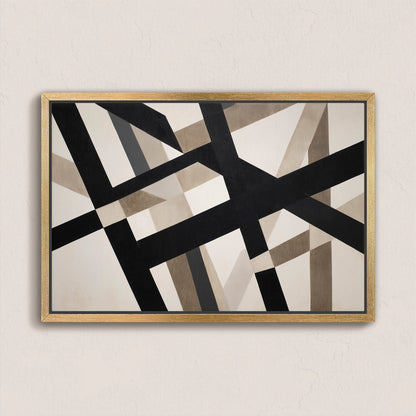 Axis canvas print with bold geometric black and neutral intersecting lines in a natural wood frame