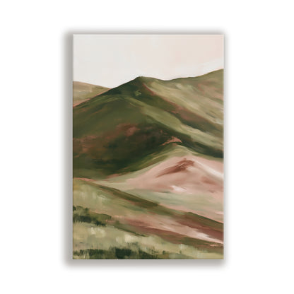 a serene landscape with rolling hills and mountains in a lush green color, creating a sense of tranquility and natural beauty.
