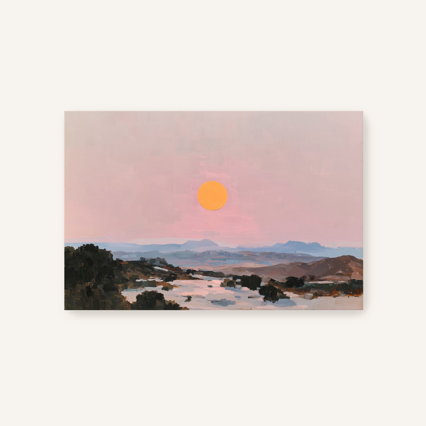 a serene landscape with a large orange sun in the sky, surrounded by mountains and trees.