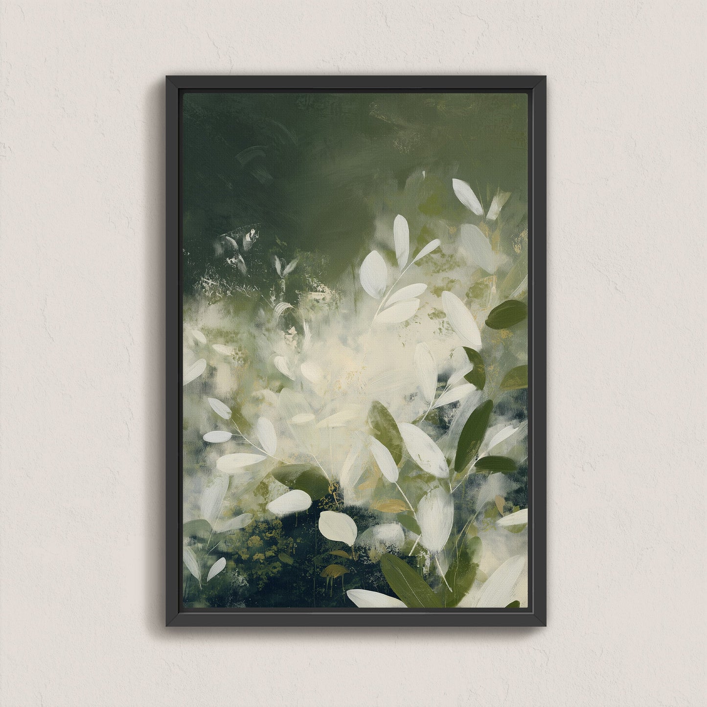 Verdure Canvas Wall Art featuring soft ivory leaves and deep green tones in a modern botanical abstract design with black frame
