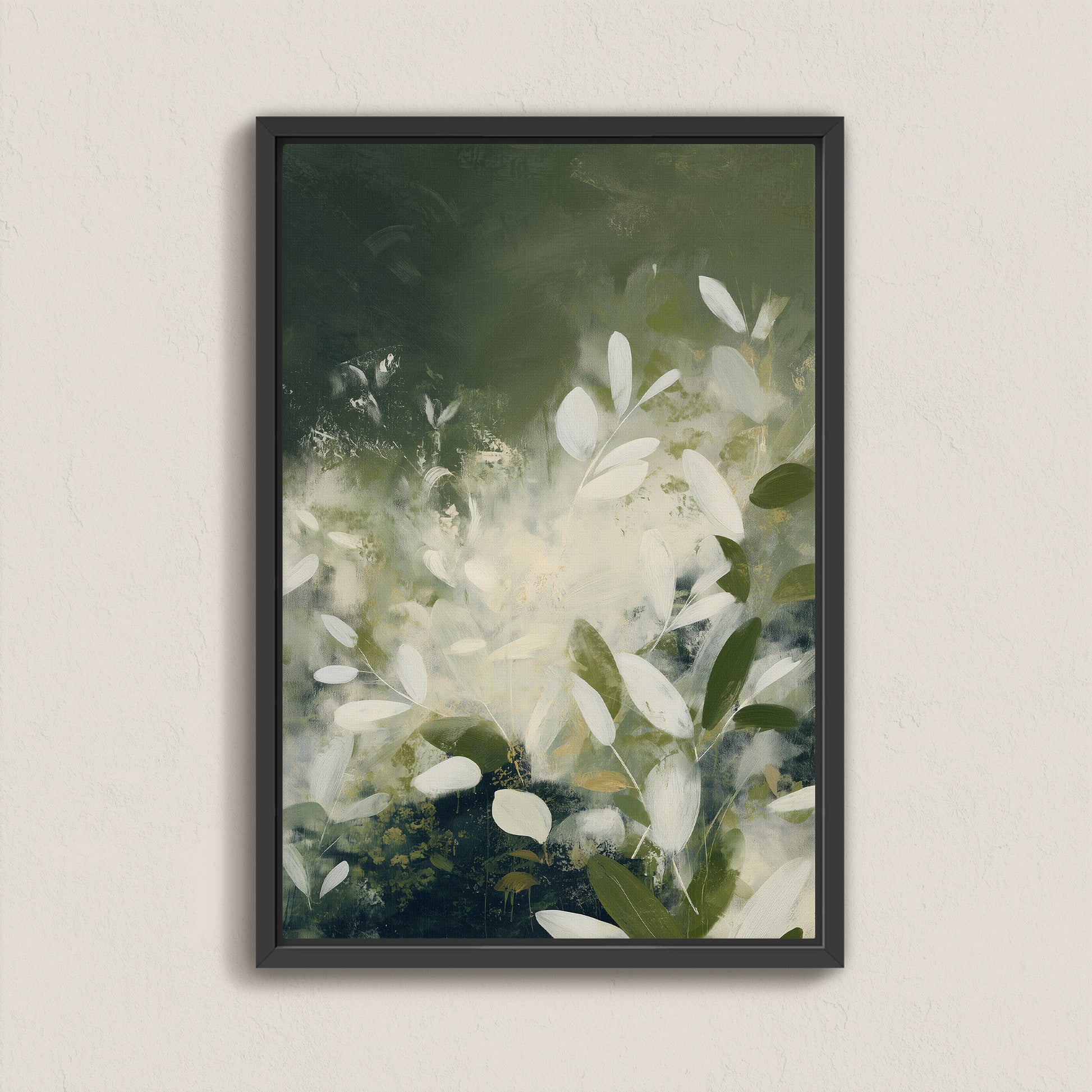 Verdure Canvas Wall Art featuring soft ivory leaves and deep green tones in a modern botanical abstract design with black frame