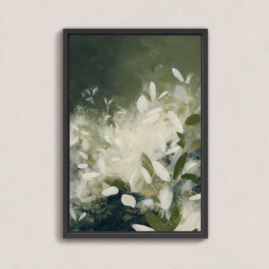 Verdure Canvas Wall Art featuring soft ivory leaves and deep green tones in a modern botanical abstract design with black frame