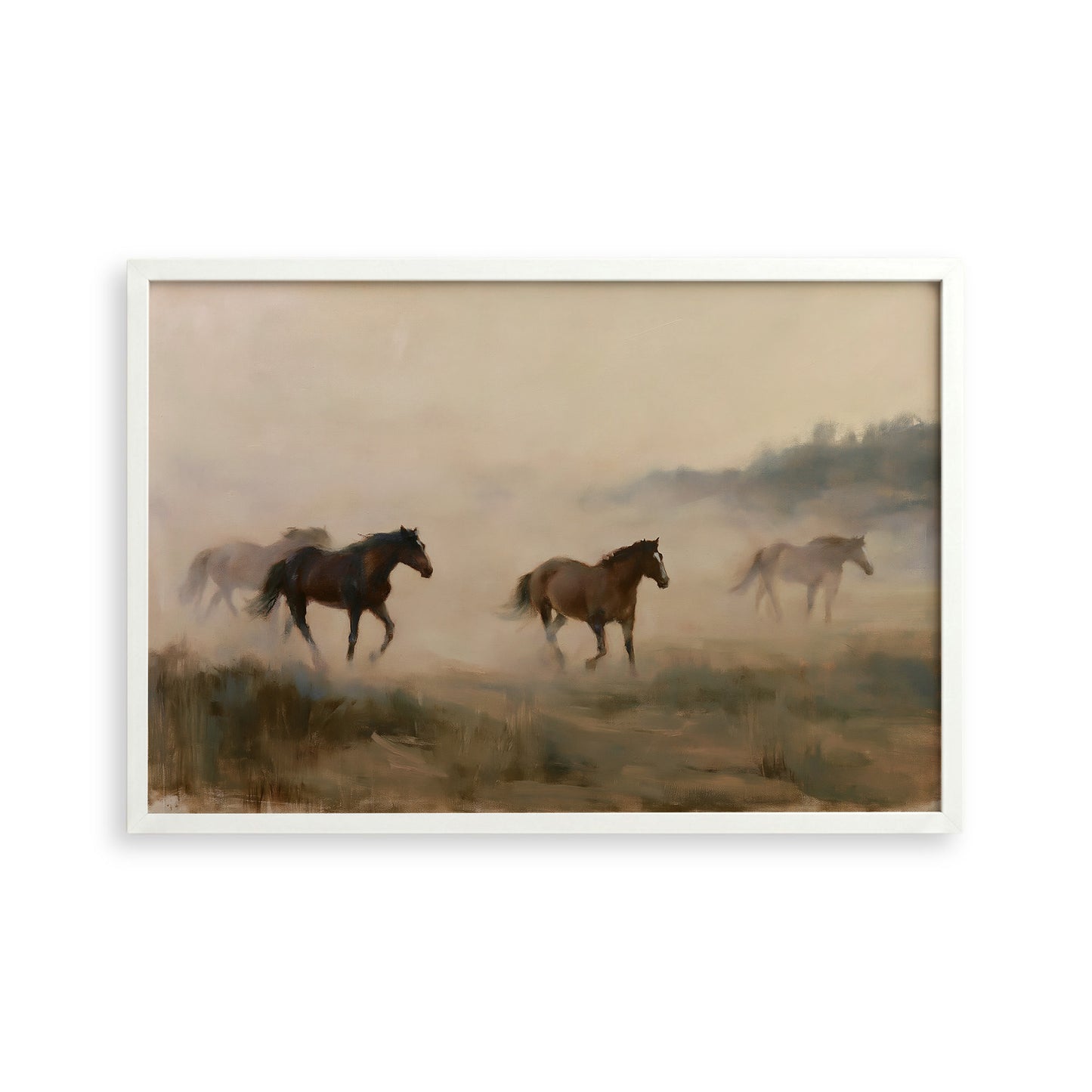 three horses running across a field, with a hazy background.