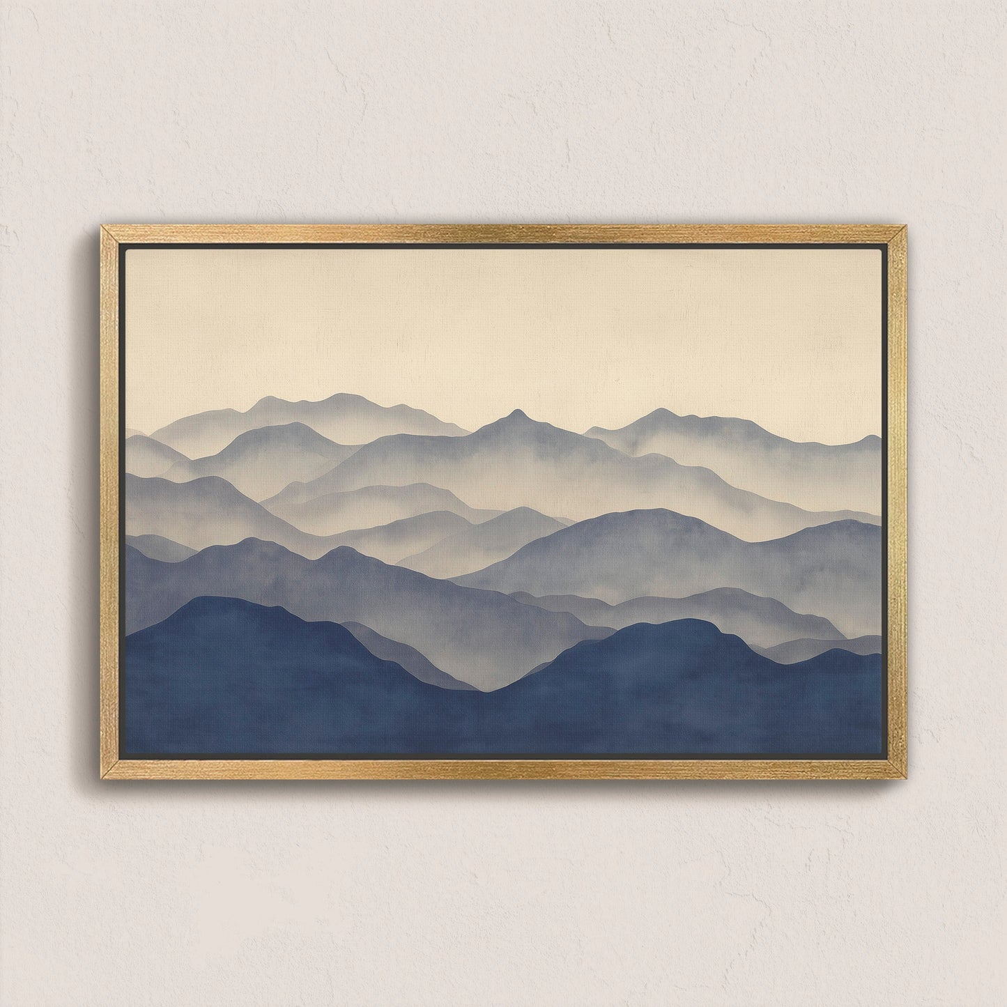 Veil canvas print of layered mountain silhouettes in indigo and beige with wooden frame for modern decor