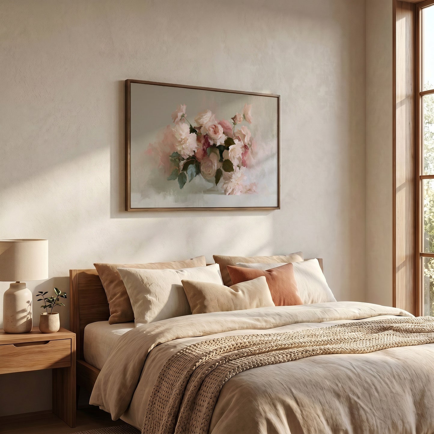 a serene and cozy bedroom with a large bed adorned with beige bedding and a framed floral artwork hanging above it. The room has a warm and inviting atmosphere, with a window providing natural light and a wooden nightstand with a lamp.