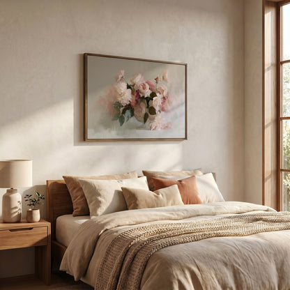 a serene and cozy bedroom with a large bed adorned with beige bedding and a framed floral artwork hanging above it. The room has a warm and inviting atmosphere, with a window providing natural light and a wooden nightstand with a lamp.