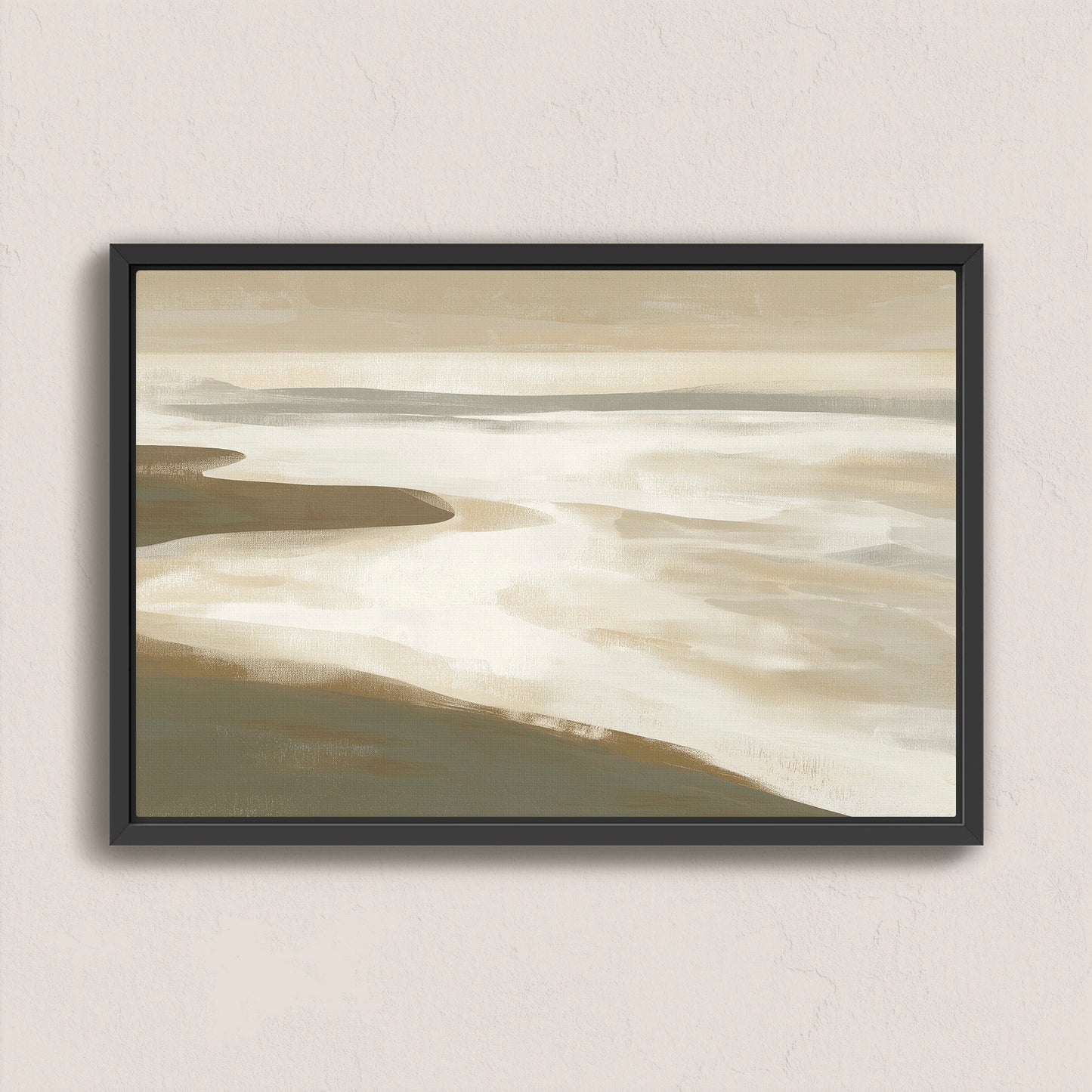 Emie canvas print of a tranquil coastal landscape in beige, ivory, and olive tones with a black frame