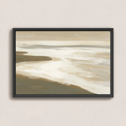 Emie canvas print of a tranquil coastal landscape in beige, ivory, and olive tones with a black frame