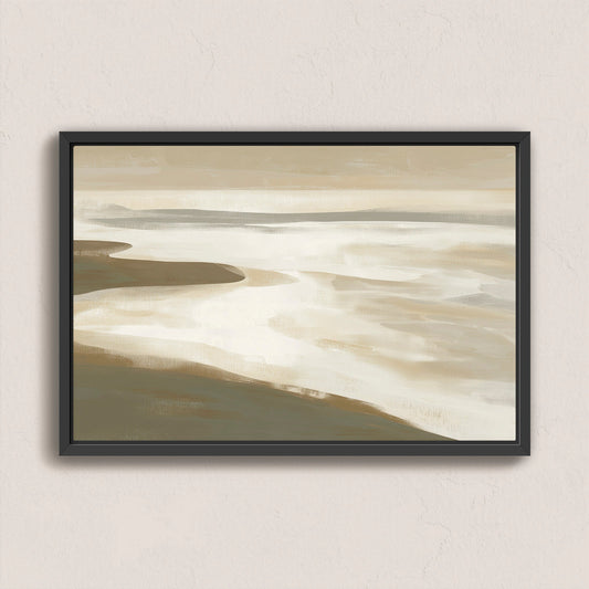Emie canvas print of a tranquil coastal landscape in beige, ivory, and olive tones with a black frame