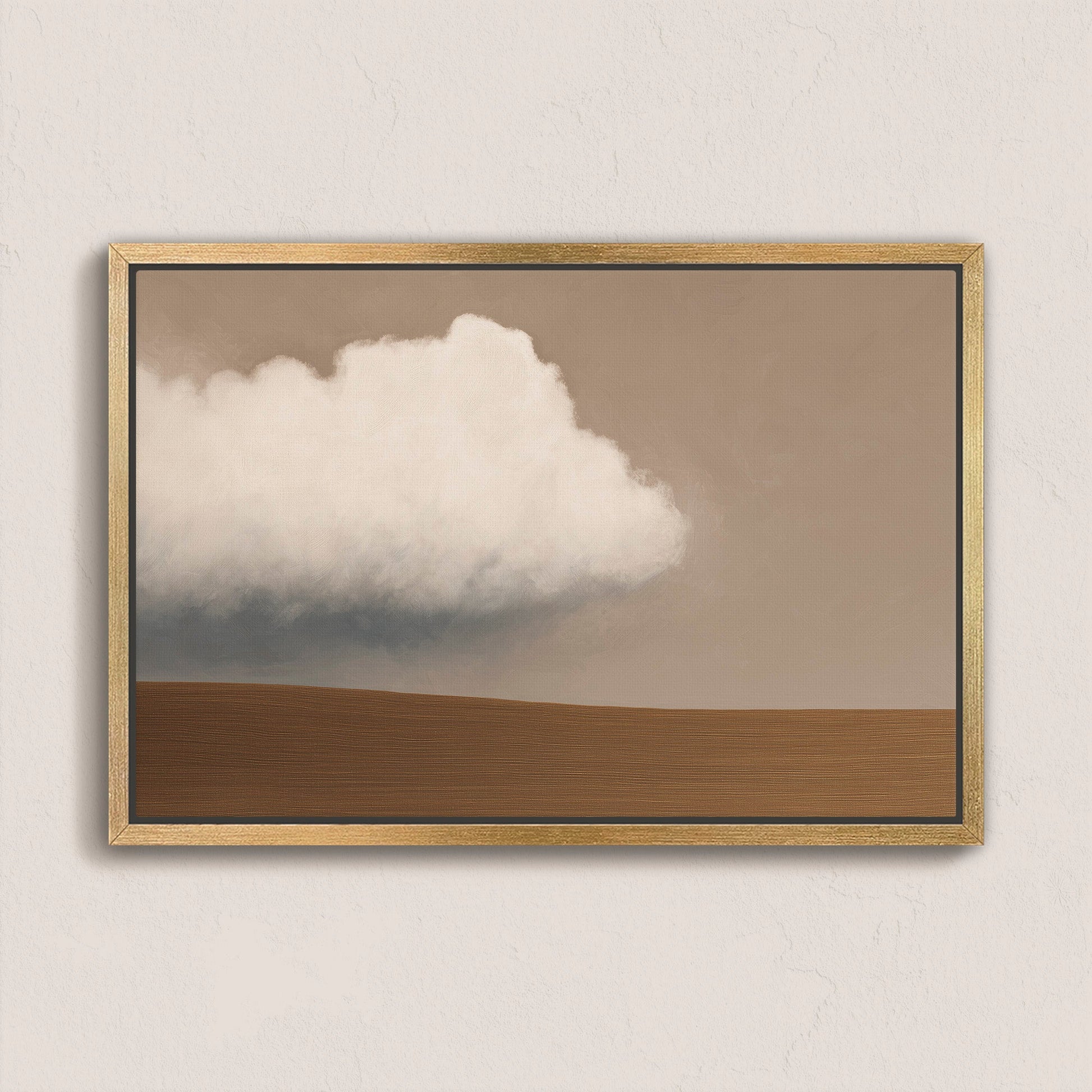 Aerie Canvas Print minimalist landscape with single white cloud over muted taupe earth horizon in gold frame