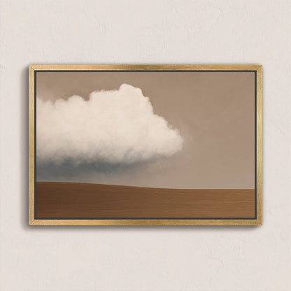Aerie Canvas Print minimalist landscape with single white cloud over muted taupe earth horizon in gold frame