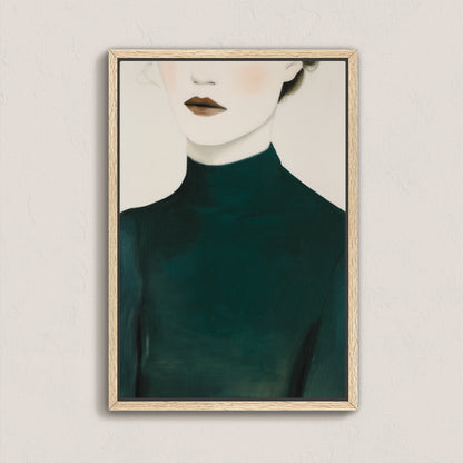 Poise canvas print of faceless figure in deep emerald high-neck top with minimalist design and wooden frame