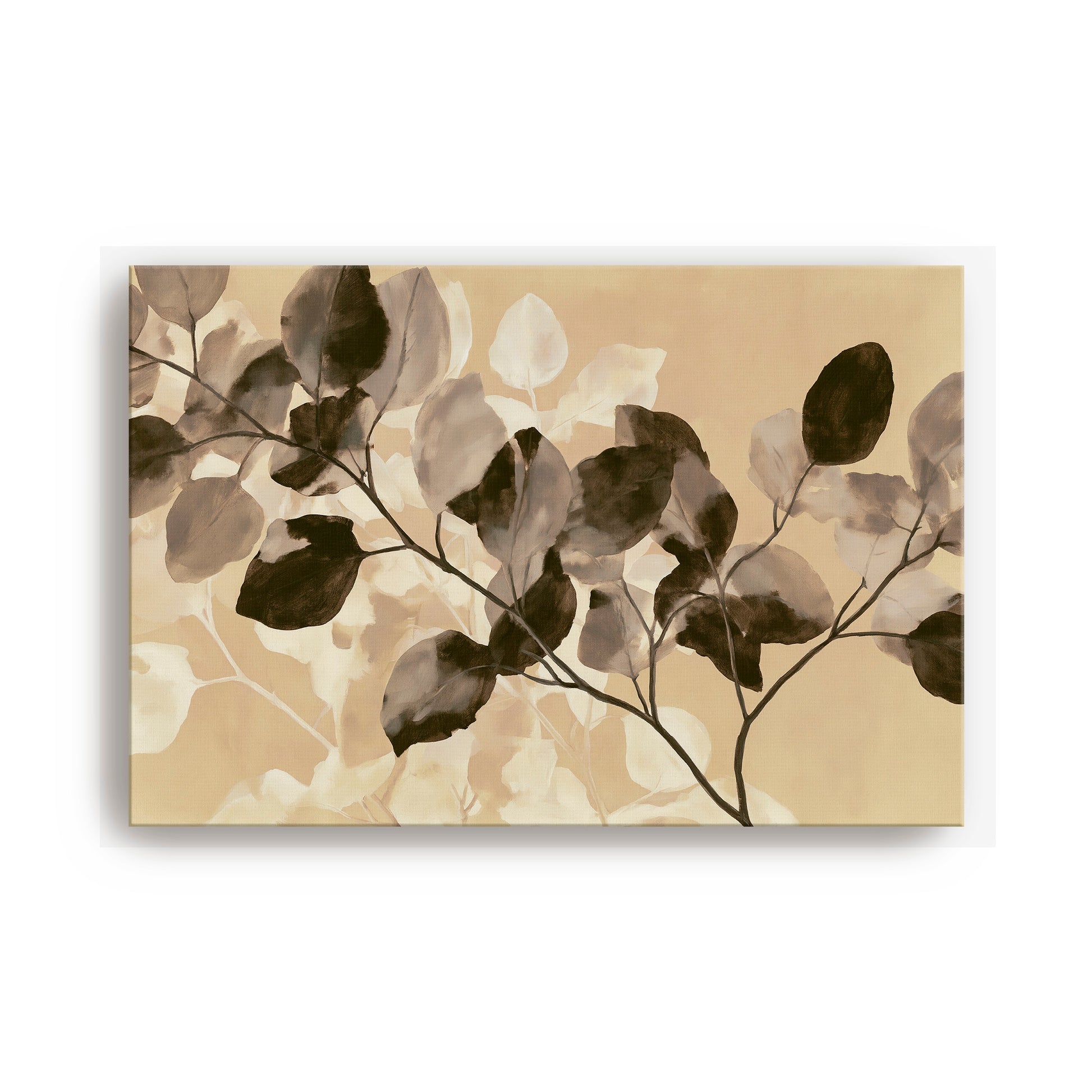 The image is a painting or artwork featuring a branch with leaves, depicted in a monochromatic style with shades of brown and beige.