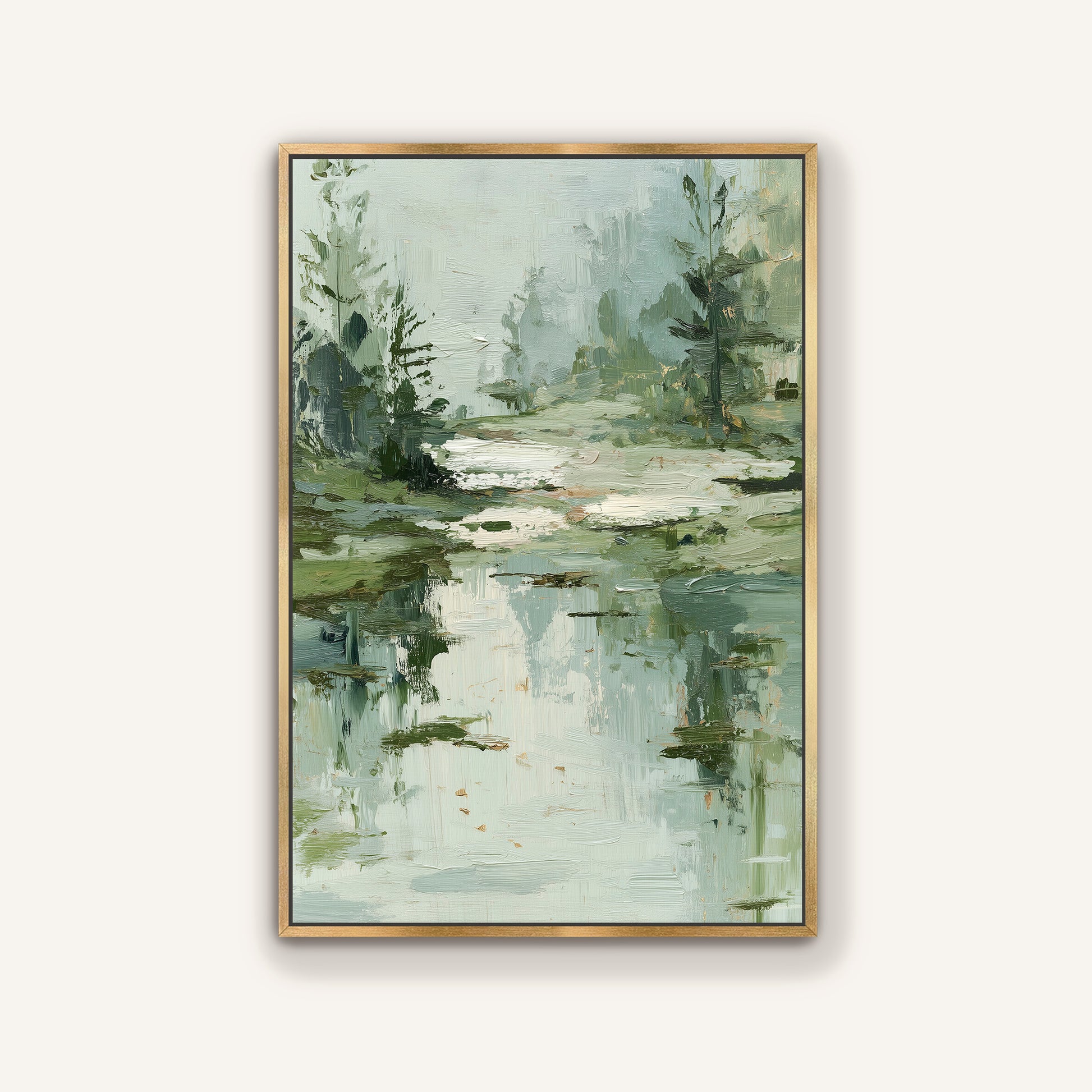 The image is a painting depicting a serene landscape with a body of water, trees, and a misty atmosphere.