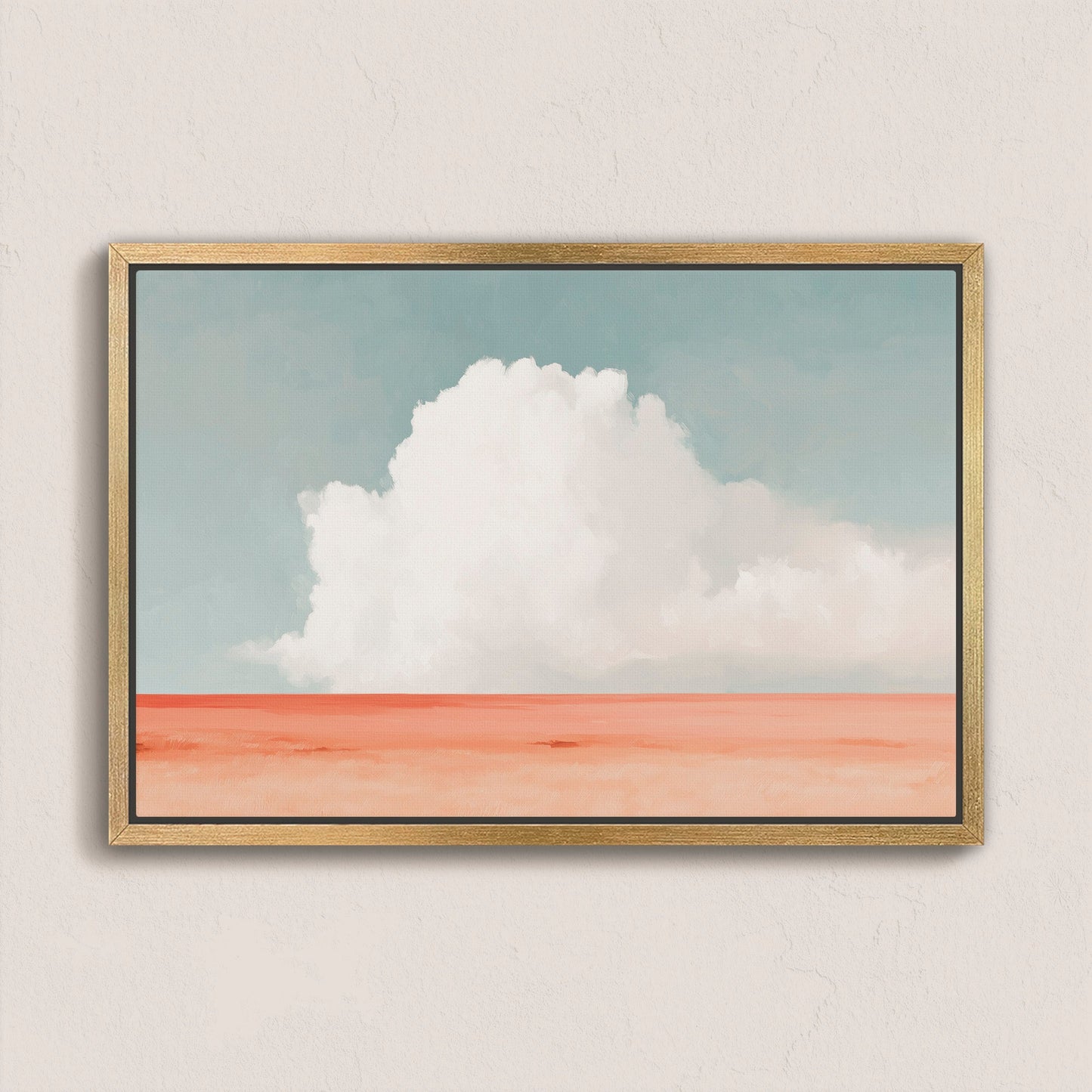 Aurea Canvas Wall Art with white cloud over coral horizon and soft blue sky in natural wood frame
